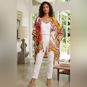 Nine West Tile Floral Print Topper | Boho Open-Front Kimono with Tassels